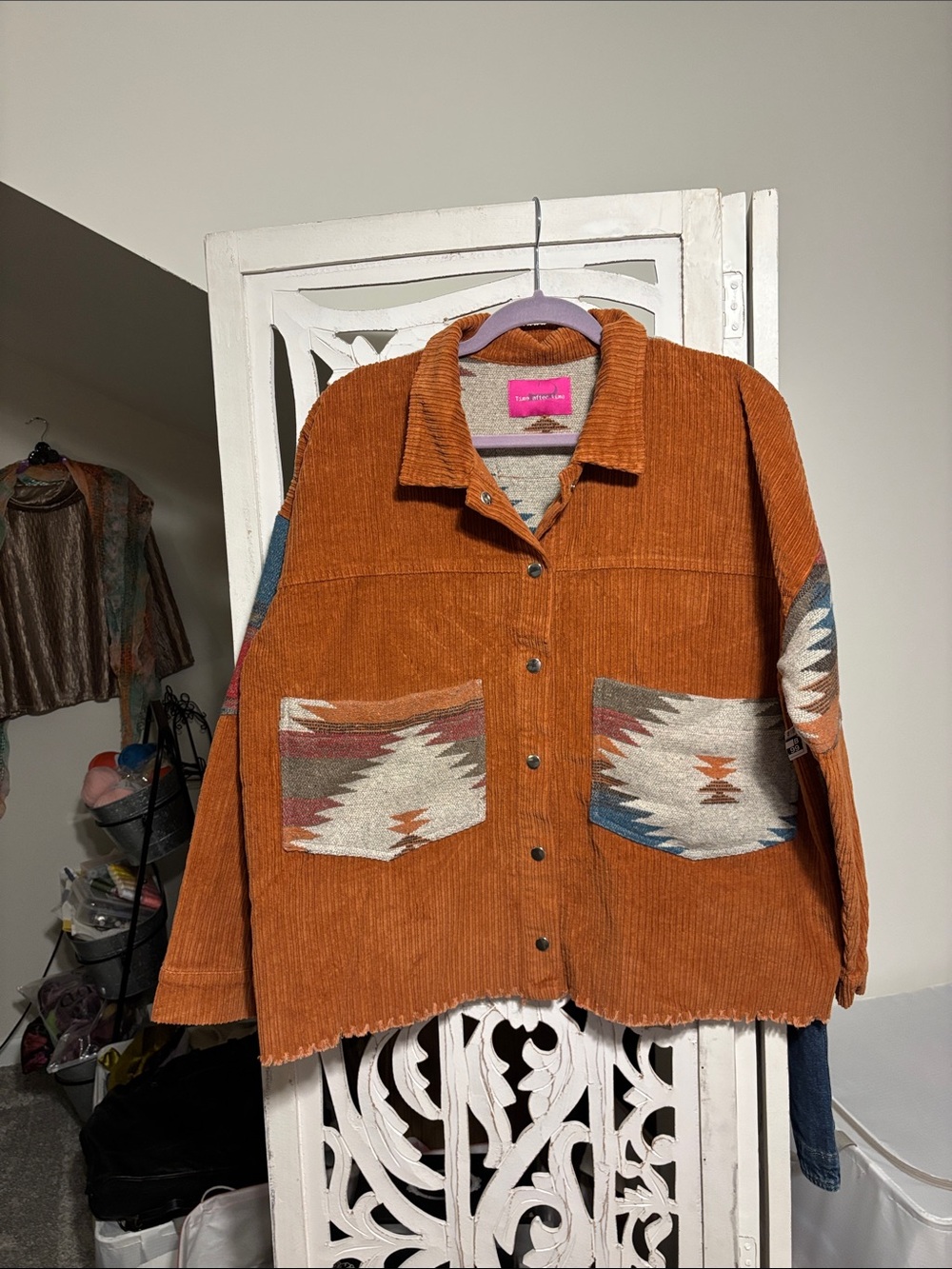 Boho Corduroy Button-Up Jacket with Aztec Pockets - Rust